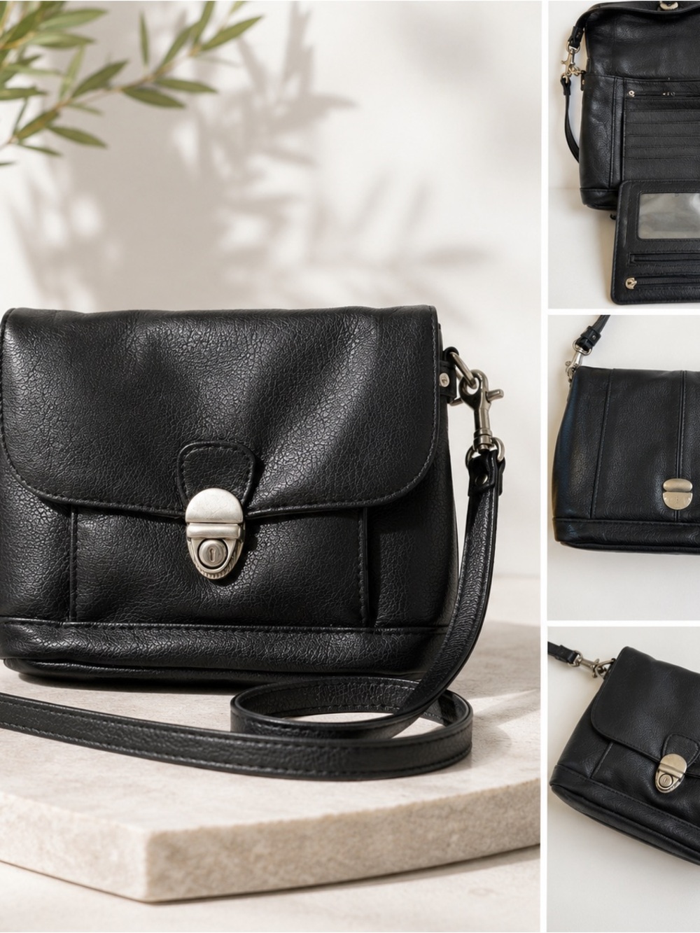 Vintage Black Crossbody Organizer Bag Wallet Purse